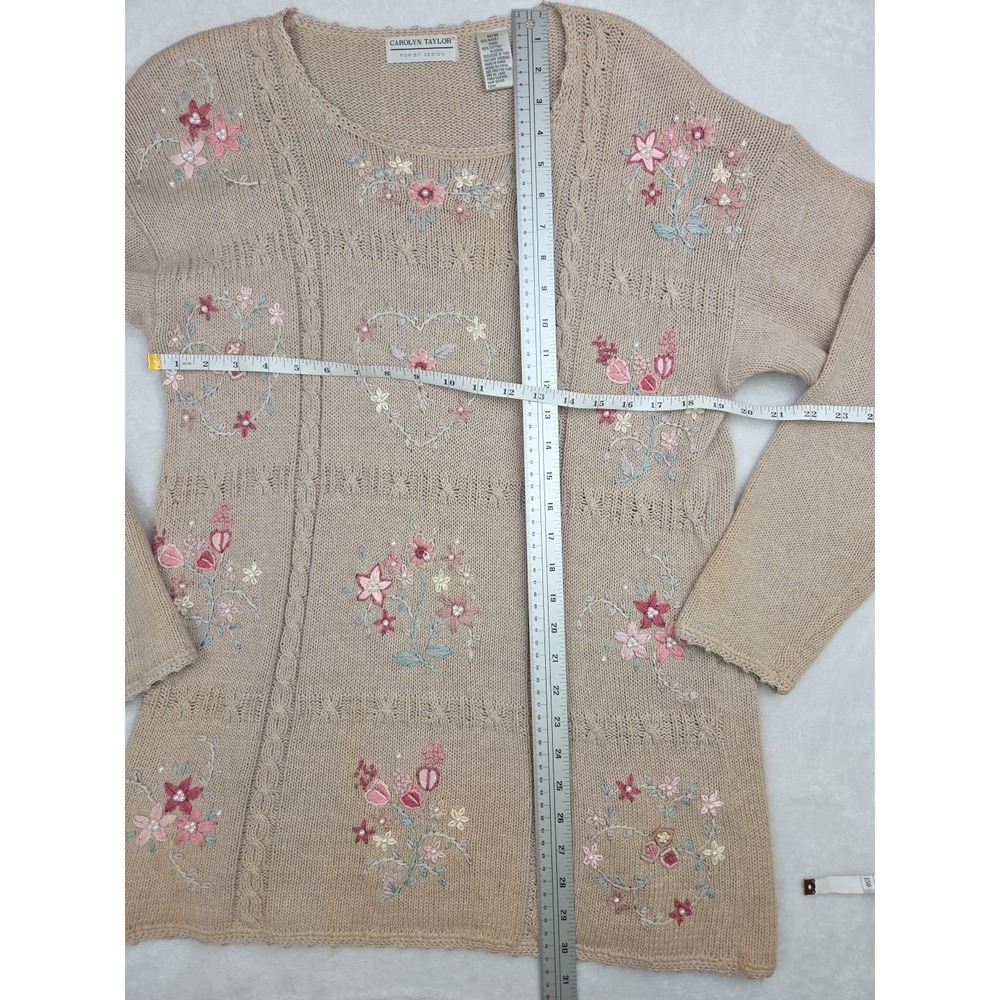 Vtg 1990s Embroidered Pearl Heart Flower Cable Knit Sweater Cottage Tan Tunic M - Picture 11 of 14